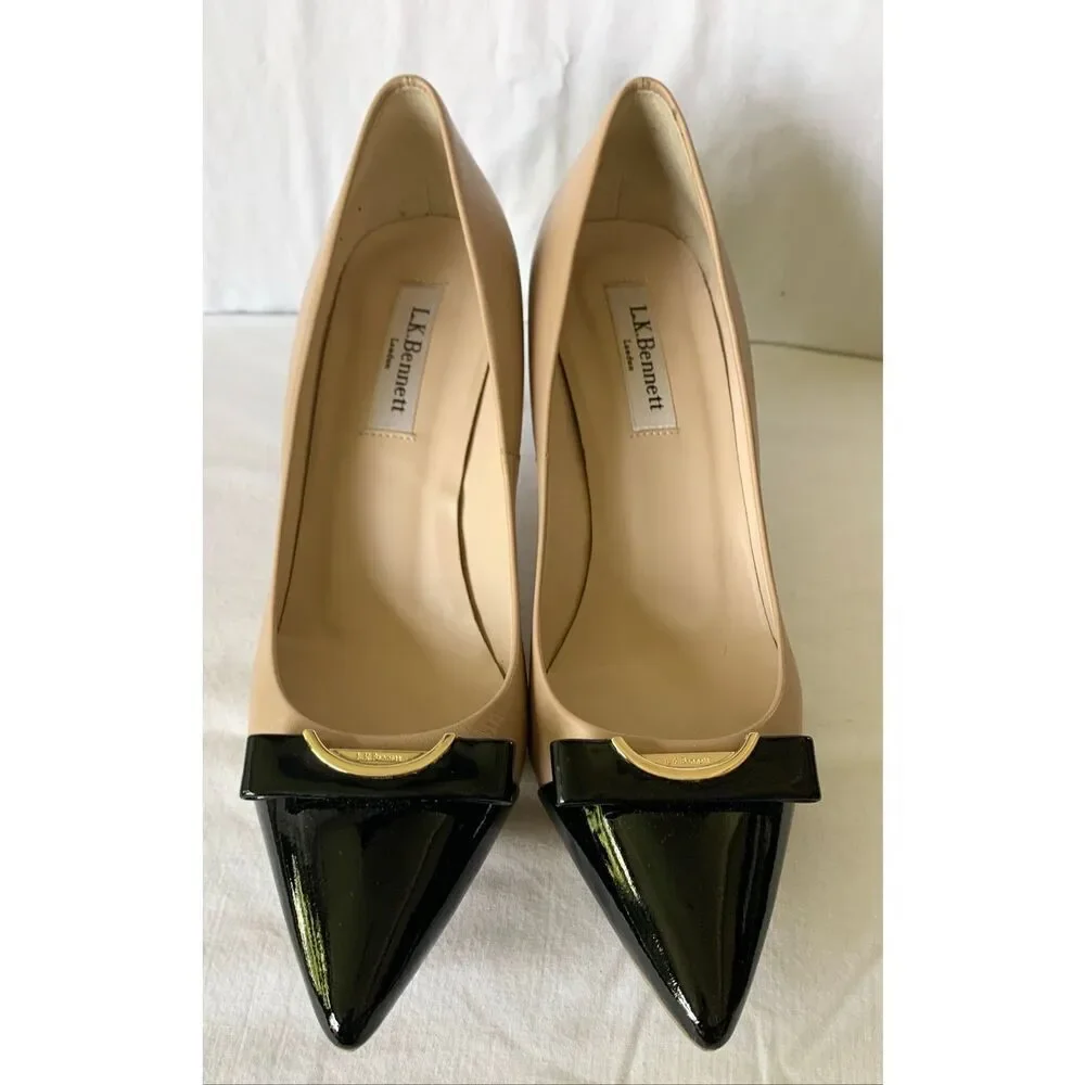 L.K. Bennett Roxy Trench black & tan Leather Heels Pumps Shoes sz 38
